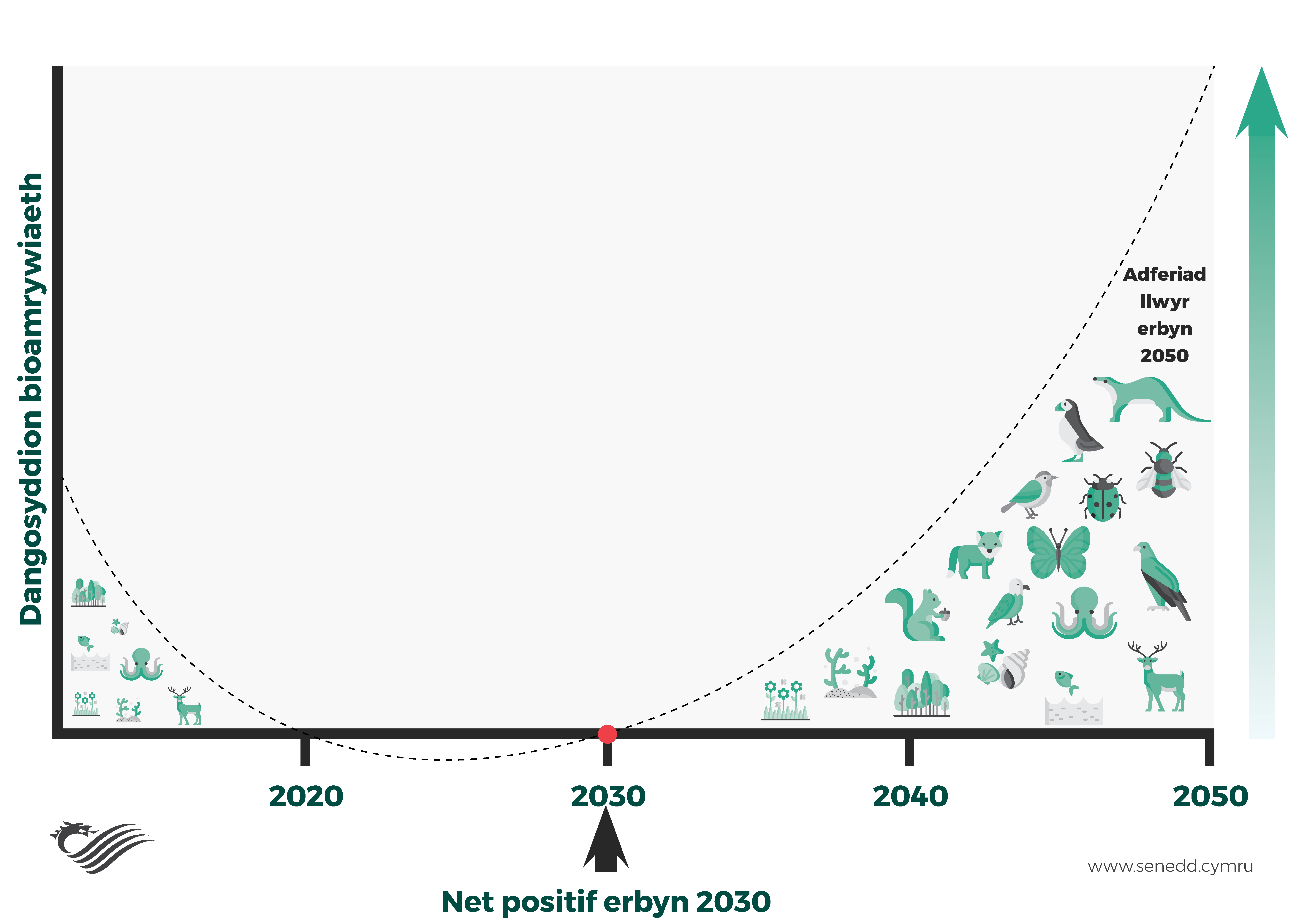 Graff o fioamrywiaeth yn dangos yr uchelgais byd-eang i atal colli byd natur erbyn 2030 (o waelodlin 2020) a sicrhau adferiad llawn erbyn 2050. Defnyddir eiconau o rywogaethau'r DU i gynrychioli bioamrywiaeth.