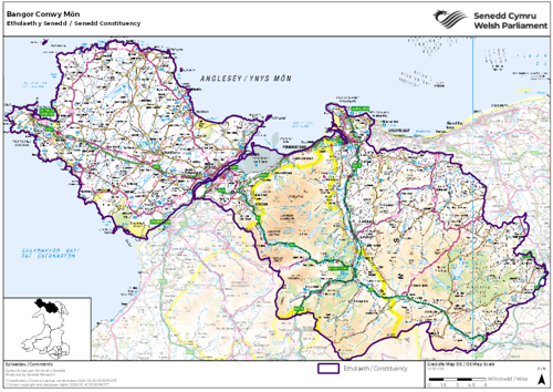 Map yn dangos etholaeth Bangor Conwy Môn yn y Senedd.