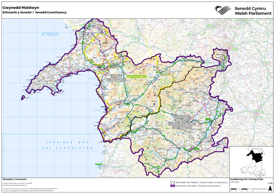 Map yn dangos yr etholaeth Senedd newydd Gwynedd Maldwyn, sef cyfuniad o etholaethau Senedd y DU Dwyfor Meirionnydd a Sir Drefaldwyn a Glyndŵr.