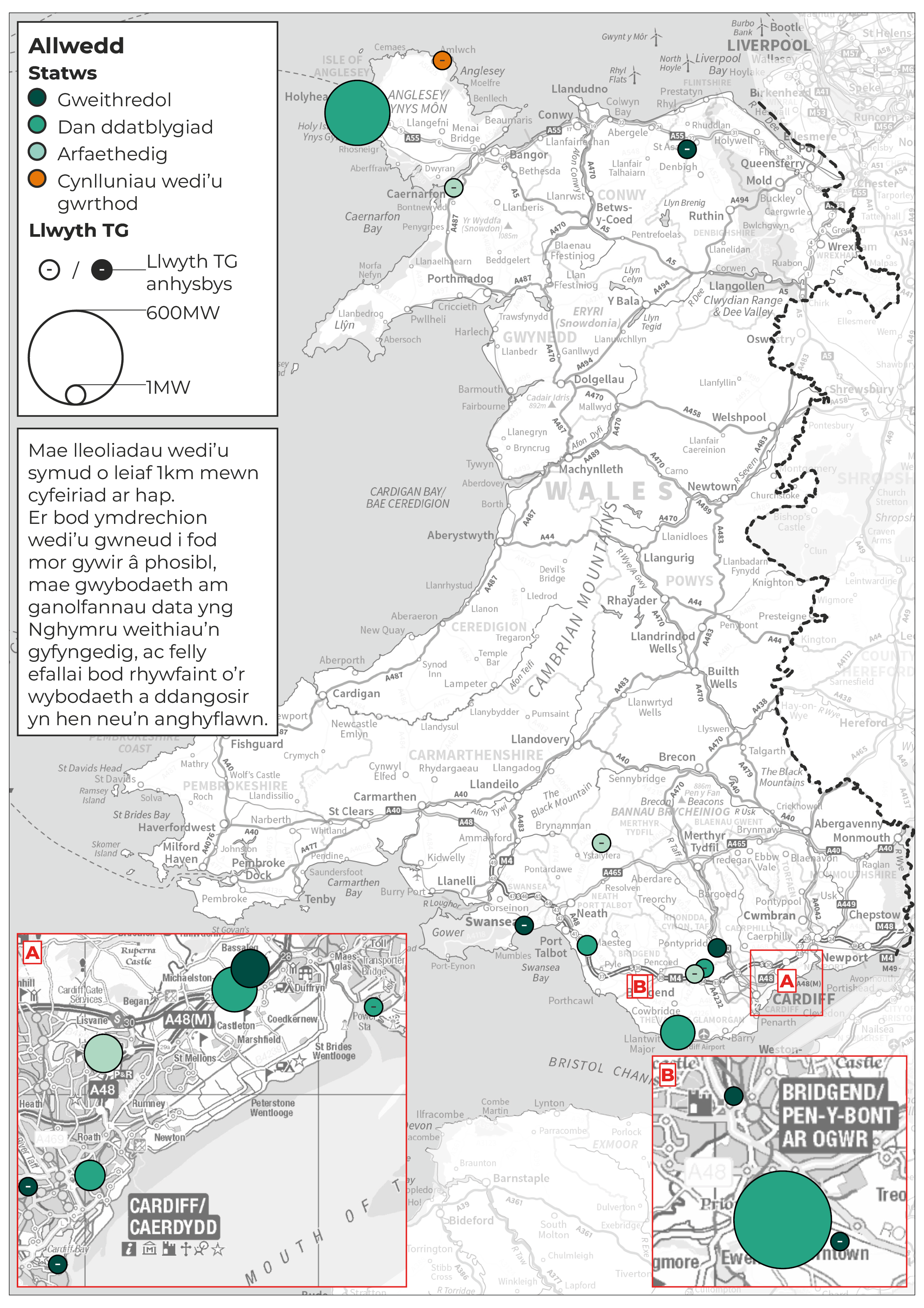 2.	Map yn dangos canolfannau data sy’n yr arfaeth a rhai gweithredol yng Nghymru gyda phob safle wedi'i raddio yn ôl ei gapasiti. Lle nad yw'r capasiti yn hysbys, defnyddir graddfa o 1. Mae'r rhan fwyaf o safleoedd canolfannau data wedi'u lleoli yn ne Cymru, yn bennaf rhwng Pen-y-bont ar Ogwr a Chasnewydd. Mae rhai safleoedd yn y gogledd hefyd.