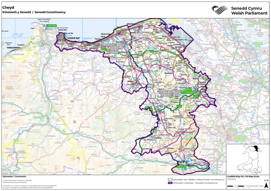 Map yn dangos yr etholaeth Senedd newydd Clwyd, sef cyfuniad o etholaethau Senedd y DU Dwyrain Clwyd a Gogledd Clwyd.