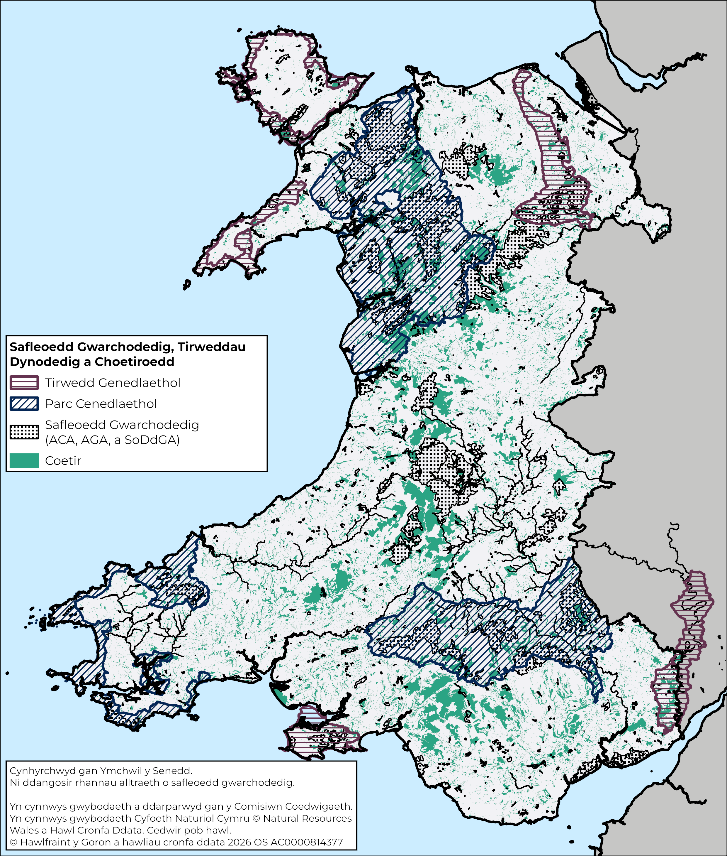 Map o Gymru sy’n dangos ardaloedd trefol yn erbyn ardaloedd gwledig a mathau o ddefnydd tir, gan gynnwys coetir, tirweddau dynodedig (Parciau Cenedlaethol a Thirweddau Cenedlaethol) a safleoedd gwarchodedig ar gyfer natur.
