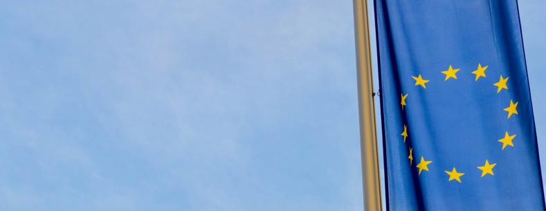 Prif ddelwedd yr erthygl yw baner yr UE mewn lliw ar ochr dde y ddelwedd, yn hongian yn fertigol. Mae'r faner yn glir a’r cefndir yn aneglur.