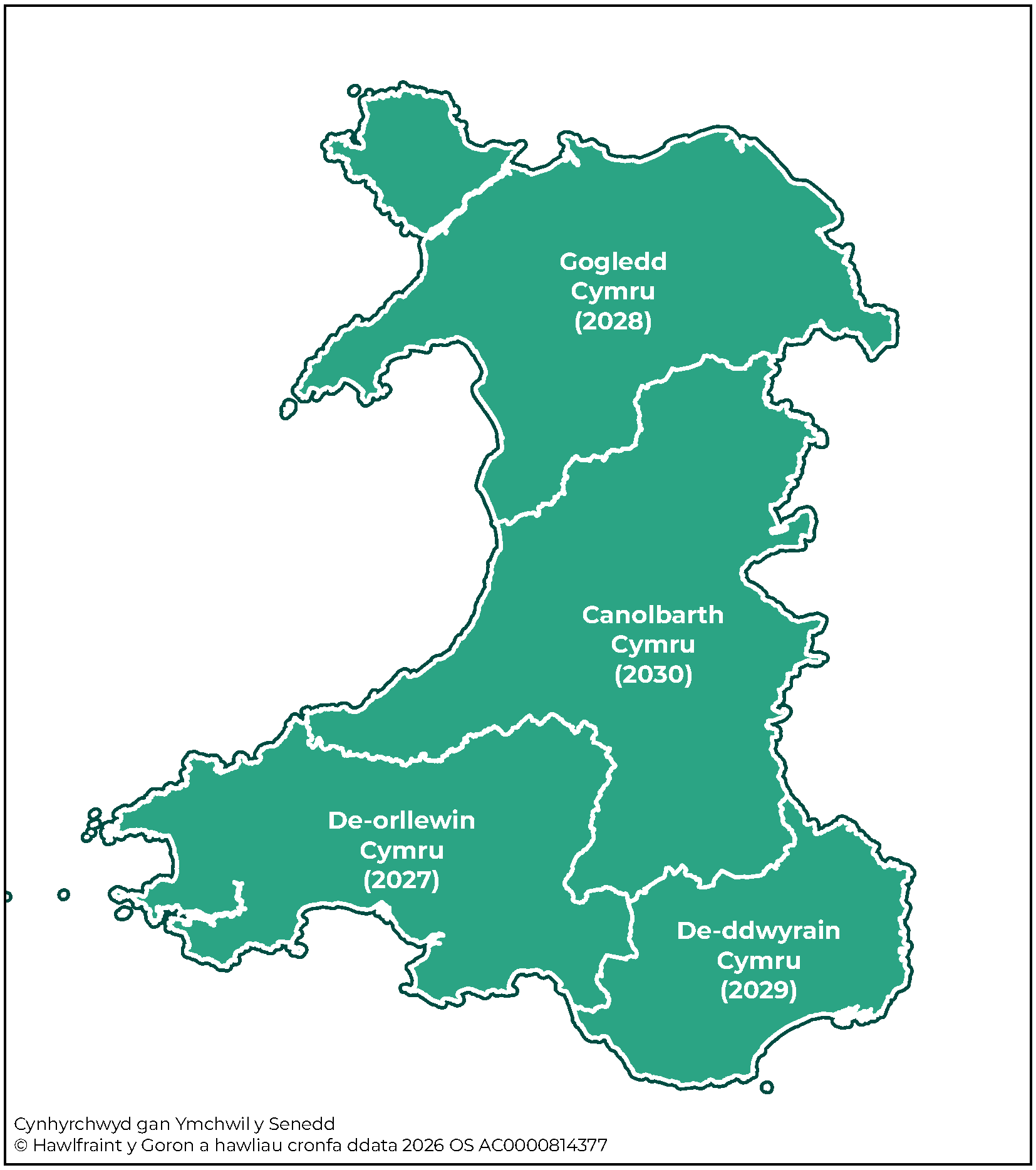 Mae Ffigur 3 yn fap o amserlen gweithredu masnachfreintiau bysiau yng Nghymru yn ôl ardal rhwng 2027 a 2030.