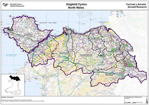 Map o ranbarth Gogledd Cymru