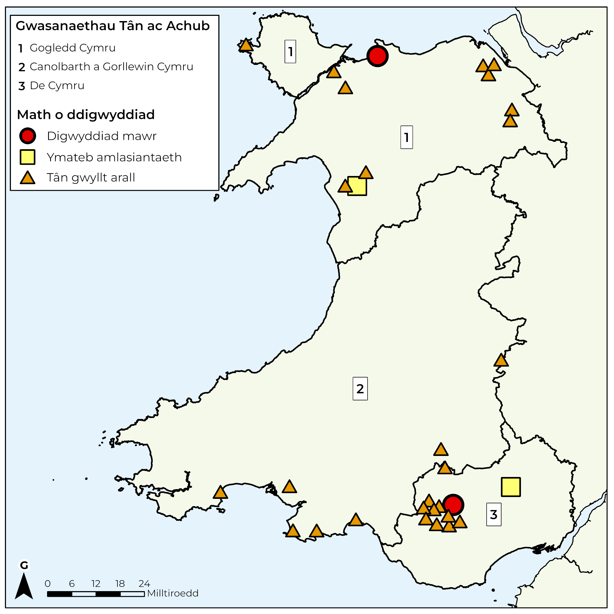 Map sy'n dangos lleoliadau tanau gwyllt yr adroddwyd amdanynt ledled Cymru hyd at ddiwedd mis Gorffennaf 2026, ynghyd â ffiniau ardaloedd y tri Gwasanaeth Tân ac Achub. Digwyddodd y rhan fwyaf o'r tanau yng ngogledd-ddwyrain a gogledd-orllewin Cymru.