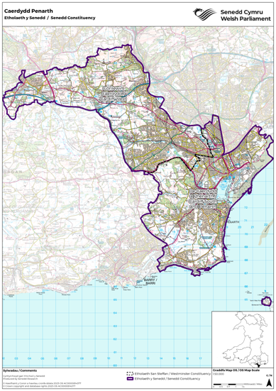 Map yn dangos yr etholaeth Senedd newydd Caerdydd Penarth, sef cyfuniad o etholaethau Senedd y DU Gorllewin Caerdydd a De Caerdydd a Phenarth.