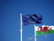 Prif ddelwedd yr erthygl yw baneri Cymru a'r UE yn erbyn awyr las.