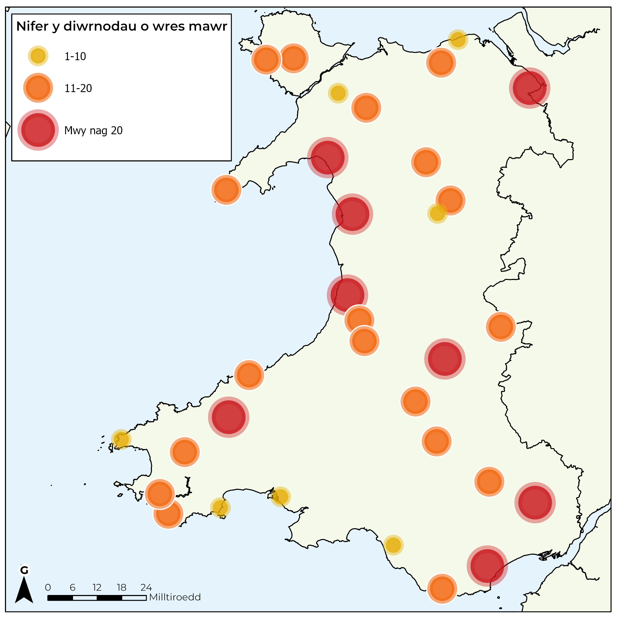 Map o Gymru sy'n dangos nifer y diwrnodau o don wres a gofnodwyd mewn gorsafoedd tywydd yn ystod 2026 hyd at ddiwedd mis Gorffennaf. Mae’r rhan fwyaf o orsafoedd wedi cofnodi dros 10 diwrnod o don wres, gyda'r niferoedd yn gyffredinol yn is mewn ardaloedd ucheldirol ac arfordiroedd de-orllewin a gogledd-orllewin Cymru.