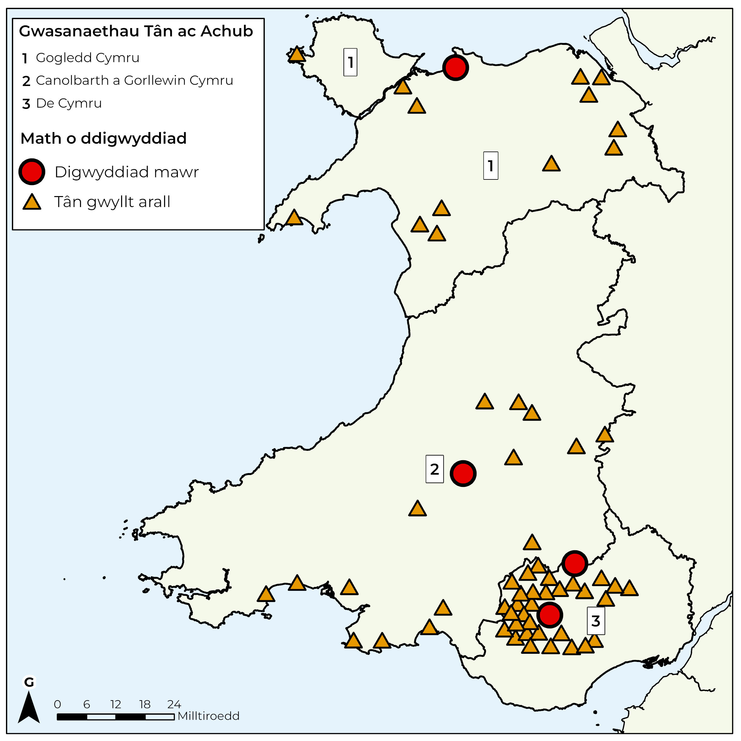 Map o Gymru yn dangos ble mae tanau gwyllt wedi cael eu cofnodi yn ystod 2026. Mae pedwar digwyddiad mawr a dwsinau o danau gwyllt eraill yn cael eu dangos. Roedd dwysedd arbennig o uchel o danau gwyllt yng nghymoedd de Cymru.