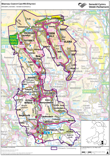 Map yn dangos etholaeth Blaenau Gwent Caerffili Rhymni yn y Senedd.