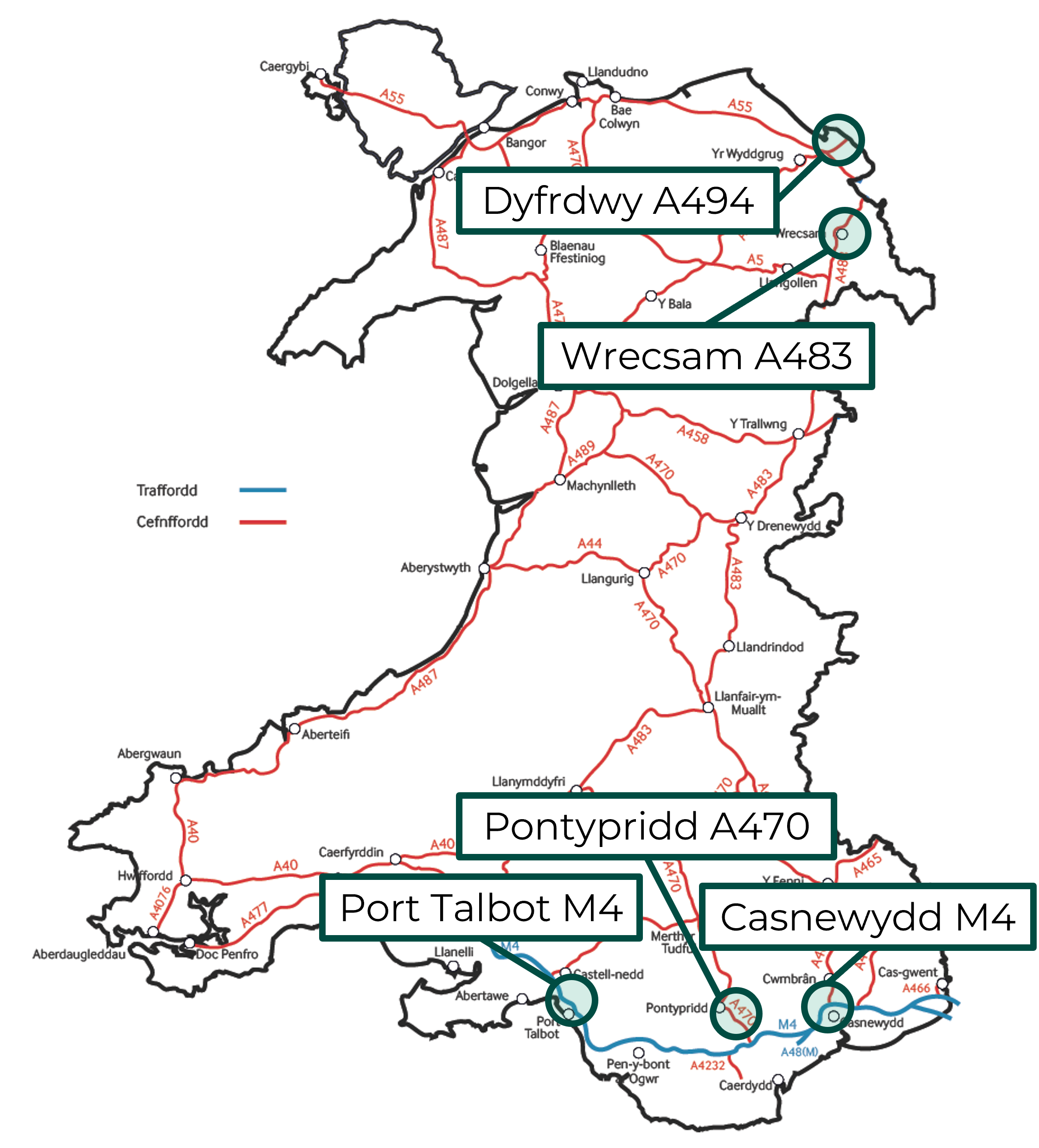 Map o Gymru yn dangos pum lleoliad sy’n destun terfynau cyflymder 50 mya ar draffyrdd a chefnffyrdd: yr A483 ger Wrecsam, yr A494 yng Nglannau Dyfrdwy, yr A470 ym Mhontypridd, a rhannau o'r M4 yng Nghasnewydd a Phort Talbot.