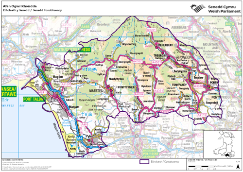 Map yn dangos etholaeth Afan Ogwr Rhondda yn y Senedd.