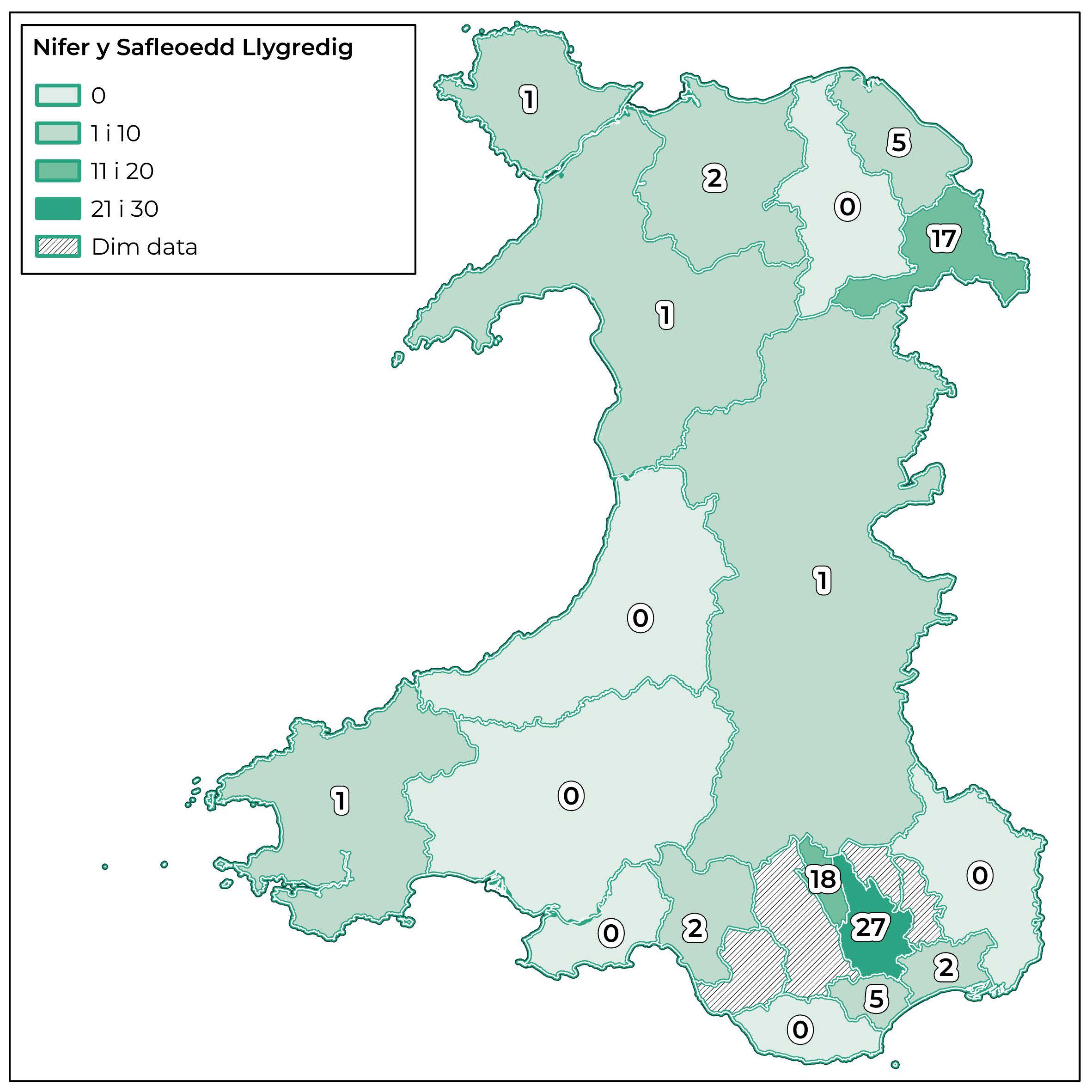 Map o Gymru yn dangos nifer y safleoedd tir halogedig cofrestredig a nodwyd gan bob awdurdod lleol mewn ymateb i geisiadau Rhyddid Gwybodaeth. Mae’r map yn dangos amrywiad sylweddol rhwng awdurdodau lleol, gan dynnu sylw at ddosbarthiad anwastad safleoedd halogedig ledled Cymru. Ffynhonnell: Ceisiadau rhyddid gwybodaeth Cyfeillion y Ddaear Cymru