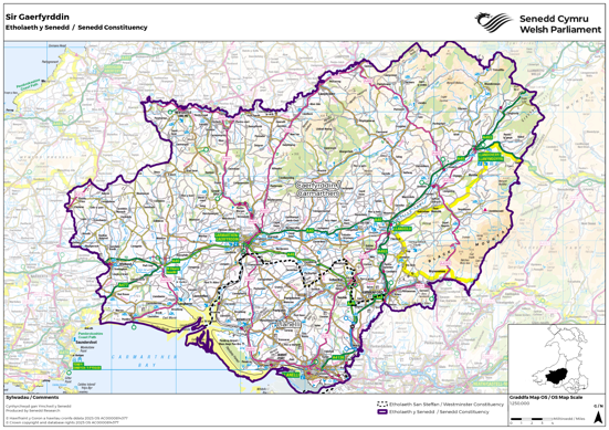 Map yn dangos yr etholaeth Senedd newydd Sir Gaerfyrddin, sef cyfuniad o etholaethau Senedd y DU Caerfyrddin a Llanelli.