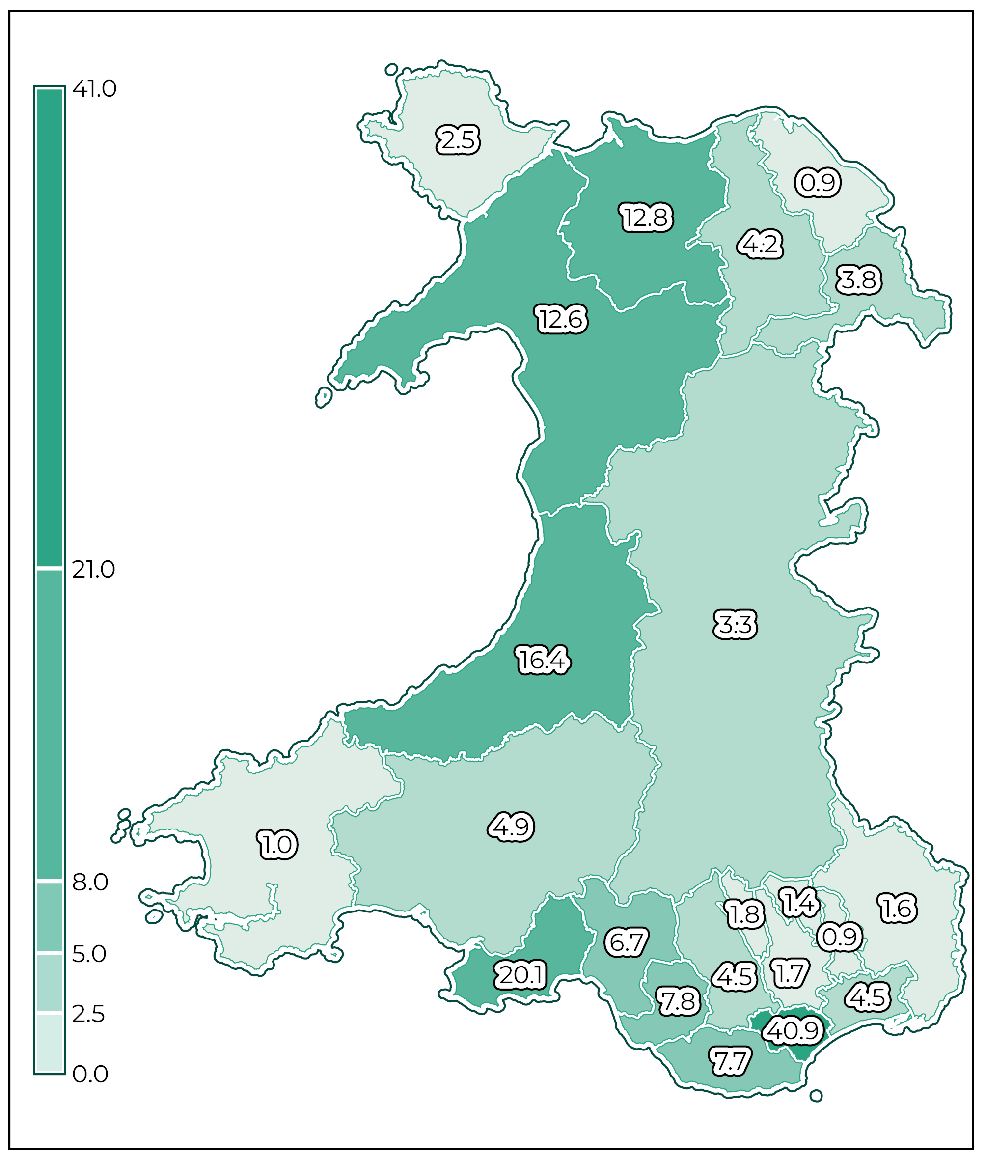 Ffigur 2: Map o Gymru sy’n dangos nifer yr HMOs hysbys fesul 1,000 o anheddau, yn ôl awdurdod lleol.
