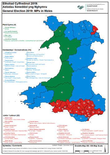 Map o etholiad cyffredinol 2019: Aelodau Cymru o Senedd y DU