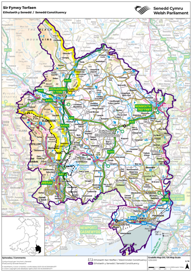 Map yn dangos yr etholaeth Senedd newydd Sir Fynwy Torfaen, sef cyfuniad o etholaethau Senedd y DU Sir Fynwy a Thorfaen.