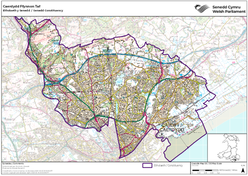 Map yn dangos etholaeth Caerdydd Ffynnon Taf yn y Senedd.