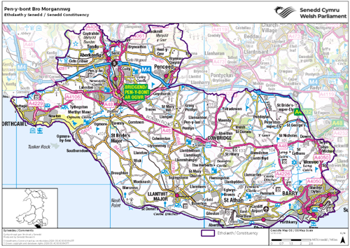 Map yn dangos etholaeth Pen-y-bont Bro Morgannwg yn y Senedd.
