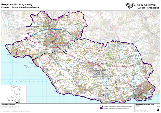 Map yn dangos etholaeth Senedd newydd Pen-y-bont Bro Morgannwg, sef cyfuniad o etholaethau Senedd y DU Pen-y-bont ar Ogwr a Bro Morgannwg.