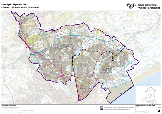 Map yn dangos yr etholaeth Senedd newydd Caerdydd Ffynnon Taf, sef cyfuniad o etholaethau Senedd y DU Gogledd Caerdydd a Dwyrain Caerdydd.