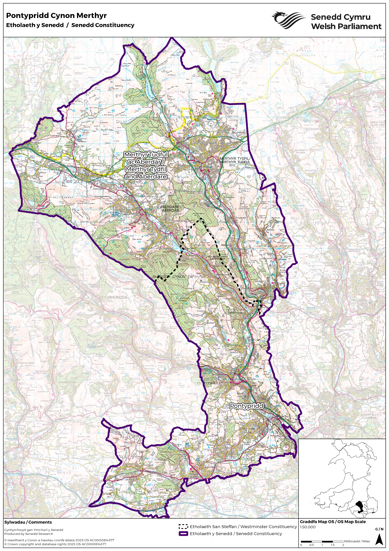 Map yn dangos yr etholaeth Senedd newydd Pontypridd Cynon Merthyr, sef cyfuniad o etholaethau Senedd y DU Merthyr Tudful ac Aberdâr a Phontypridd.