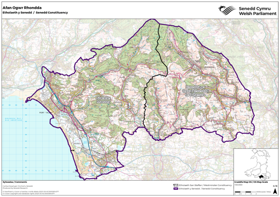 Map yn dangos yr etholaeth Senedd newydd Afan Ogwr Rhondda, sef cyfuniad o etholaethau Senedd y DU Aberafan Maesteg a Rhondda ac Ogwr.