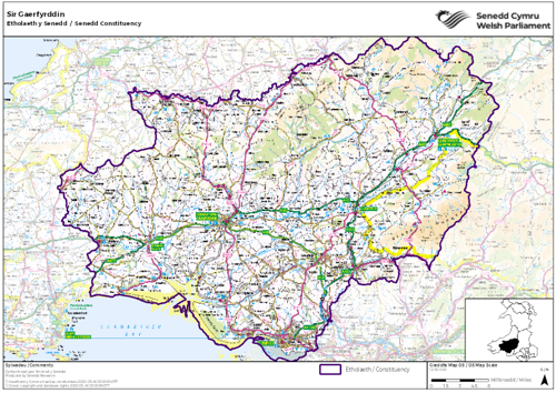 Map yn dangos etholaeth Sir Gaerfyrddin yn y Senedd.