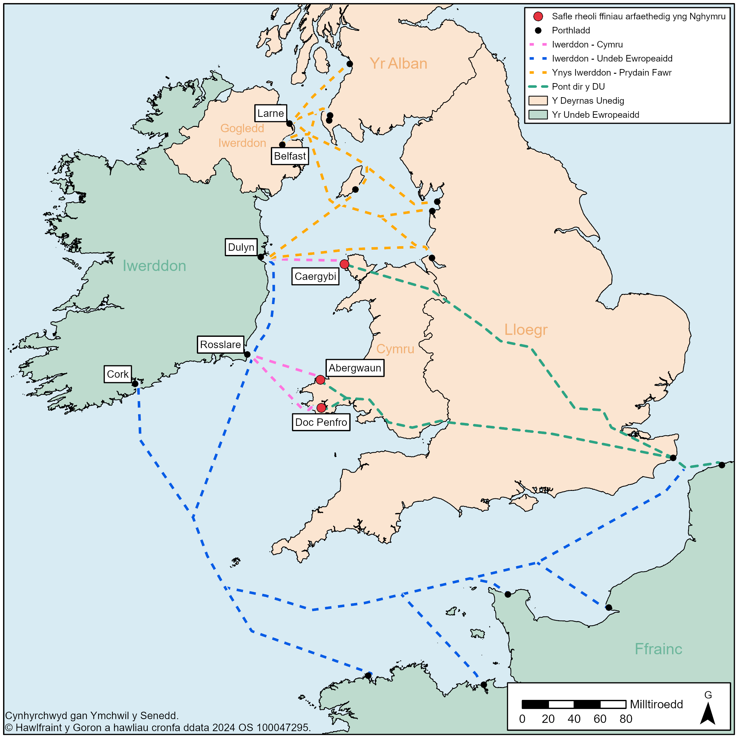 Mae’r map yn dangos ynys Iwerddon, Prydain Fawr a thir mawr Ewrop. Mae llinellau toredig ar draws y map sy'n dangos llwybrau masnach rhwng y tair ardal ddaearyddol, gan gynnwys llwybrau llongau rhwng Cymru ac Iwerddon (rhwng Dulyn a Chaergybi, Rosslare ac Abergwaun a Rosslare a Doc Penfro).