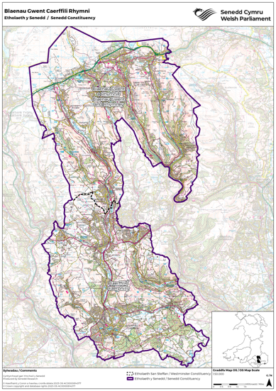 Map yn dangos yr etholaeth Senedd newydd Blaenau Gwent Caerffili Rhymni, sef cyfuniad o etholaethau Senedd y DU Blaenau Gwent a Rhymni a Chaerffili.