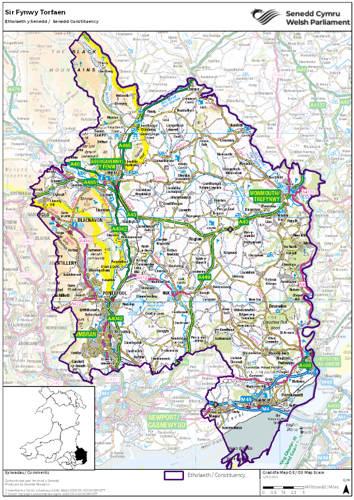 Map yn dangos etholaeth Sir Fynwy Torfaen yn y Senedd.