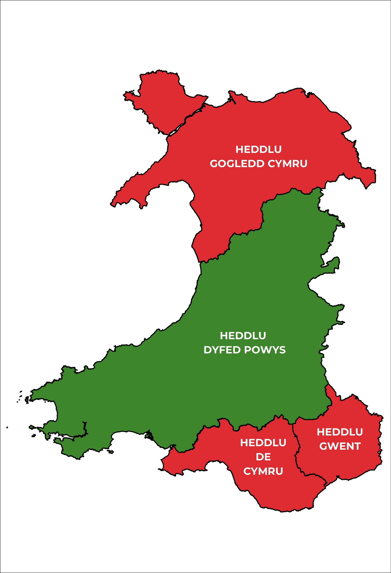 Map sy’n dangos pedair ardal heddlu Cymru. Mae Dyfed Powys wedi'i lliwio'n wyrdd, tra bod y tair ardal arall wedi'u lliwio'n goch.