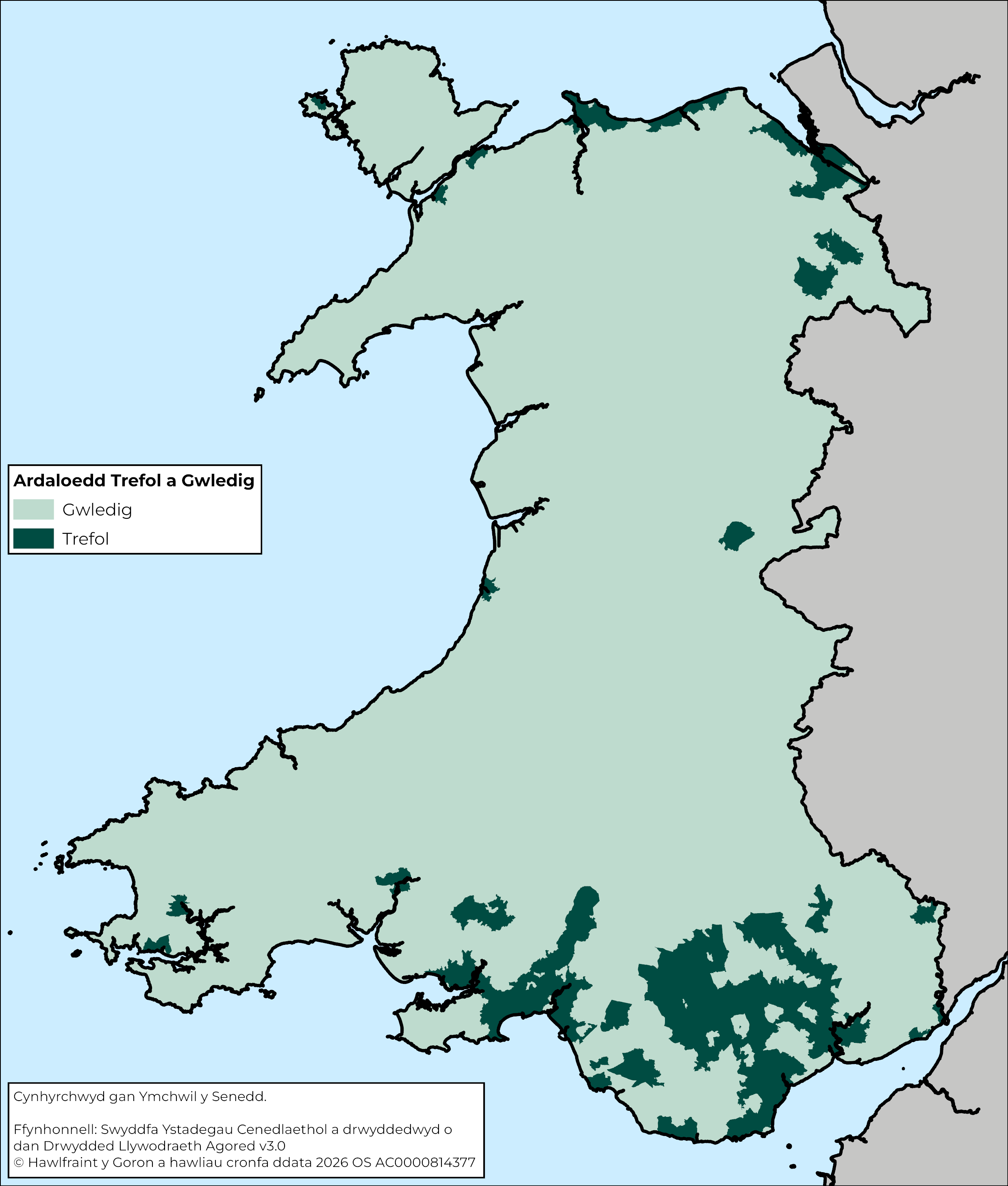 Map o Gymru sy’n dangos ardaloedd trefol yn erbyn ardaloedd gwledig a mathau o ddefnydd tir, gan gynnwys coetir, tirweddau dynodedig (Parciau Cenedlaethol a Thirweddau Cenedlaethol) a safleoedd gwarchodedig ar gyfer natur.