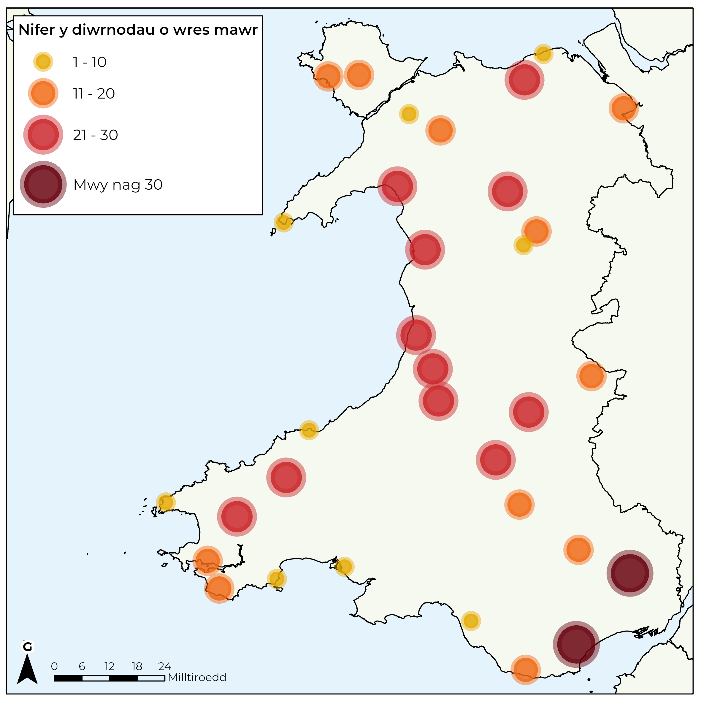 Map o Gymru sy'n dangos nifer y diwrnodau o don wres a gofnodwyd mewn gorsafoedd tywydd yn ystod 2026 hyd at ddiwedd mis Gorffennaf. Mae’r rhan fwyaf o orsafoedd wedi cofnodi dros 10 diwrnod o don wres, gyda'r niferoedd yn gyffredinol yn is mewn ardaloedd ucheldirol ac arfordiroedd de-orllewin a gogledd-orllewin Cymru.