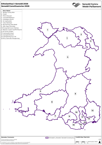 A map of Wales showing the 16 new constituencies.