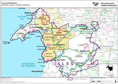 Map yn dangos etholaeth Gwynedd Maldwyn yn y Senedd.
.