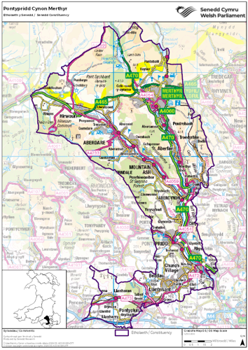 Map yn dangos etholaeth Pontypridd Cynon Merthyr yn y Senedd.