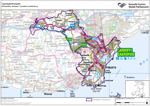 Map yn dangos etholaeth Caerdydd Penarth yn y Senedd.