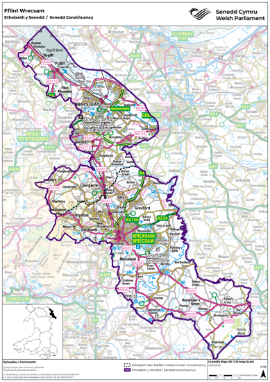 Map yn dangos yr etholaeth Senedd newydd Fflint Wrecsam, sef cyfuniad o etholaethau Senedd y DU Alun a Glannau Dyfrdwy a Wrecsam.