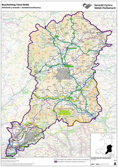 Map yn dangos yr etholaeth Senedd newydd Brycheiniog Tawe Nedd, sef cyfuniad o etholaethau Senedd y DU Brycheiniog, Sir Faesyfed a Chwm Tawe a Chastell-nedd a Dwyrain Abertawe.