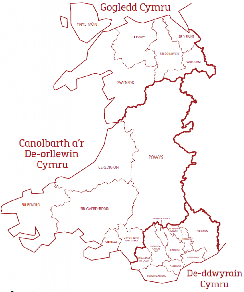 Map yn dangos rhanbarthau economaidd Cymru o Gynllun Gweithredu ar yr Economi Llywodraeth Cymru